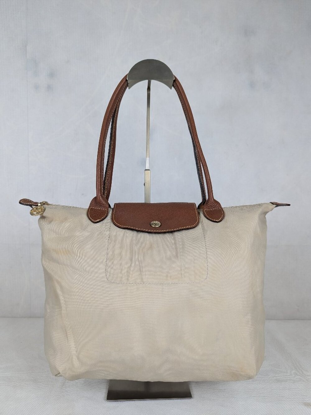 Longchamp Le Pliage Nylon Tote Shoulder Bag Beige Made in China.
